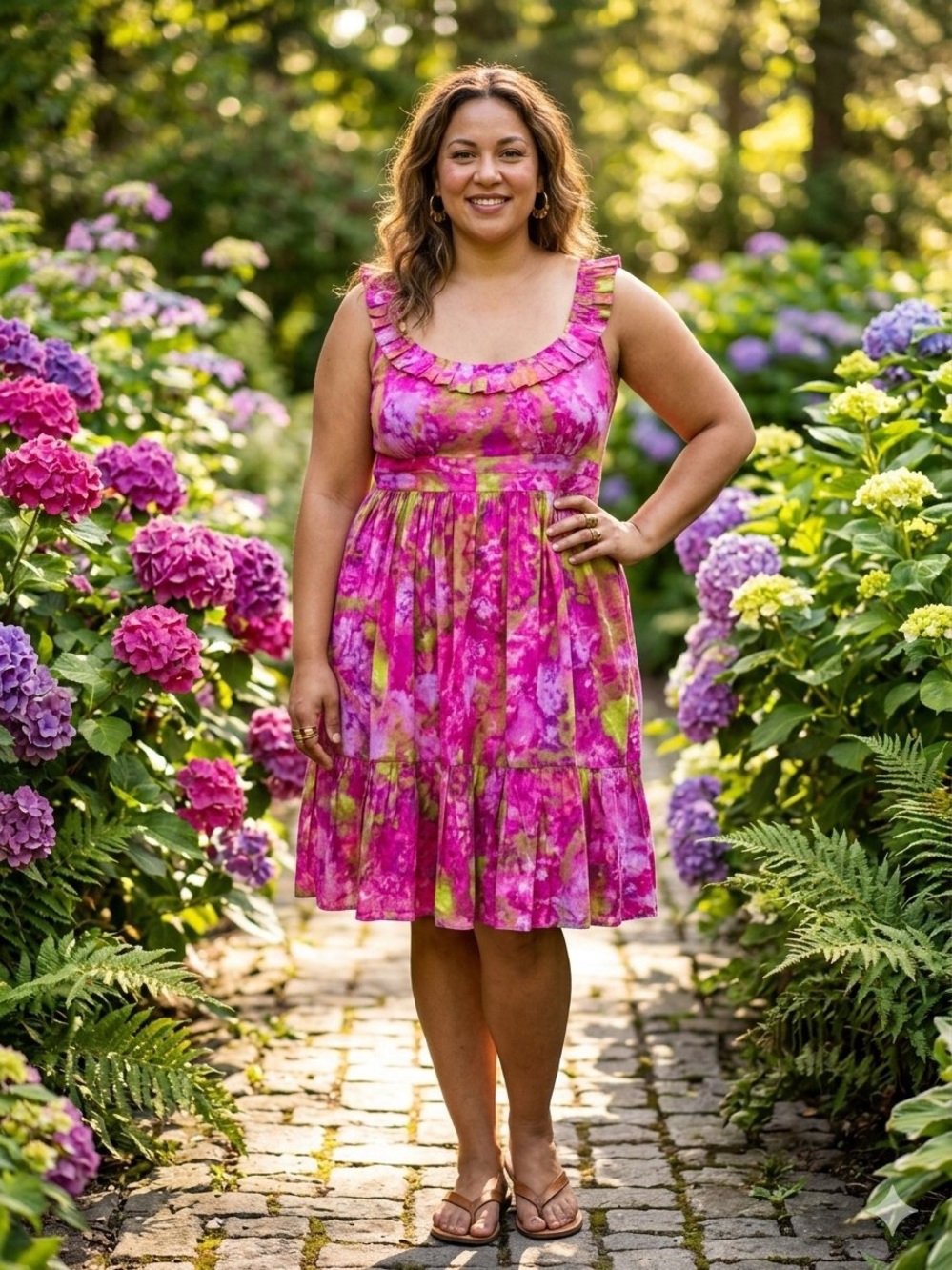 Maggy London Vibrant Pink & Green Floral Ruffle Empire Waist Dress with Pockets